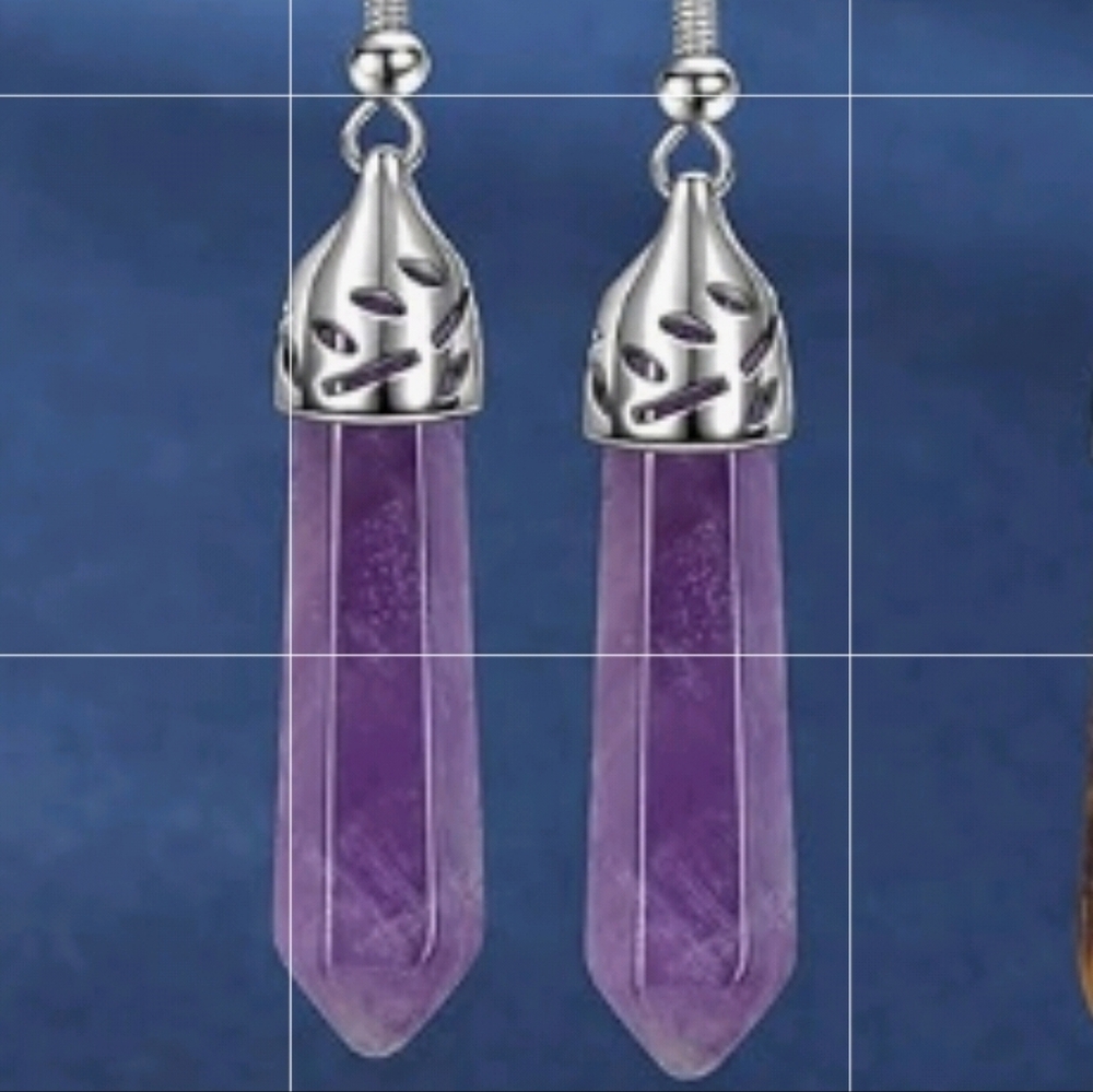 Amethyst Hexagonal Chakra Energy Healing Stone Dangle Drop Earrings NWT - Picture 1 of 2